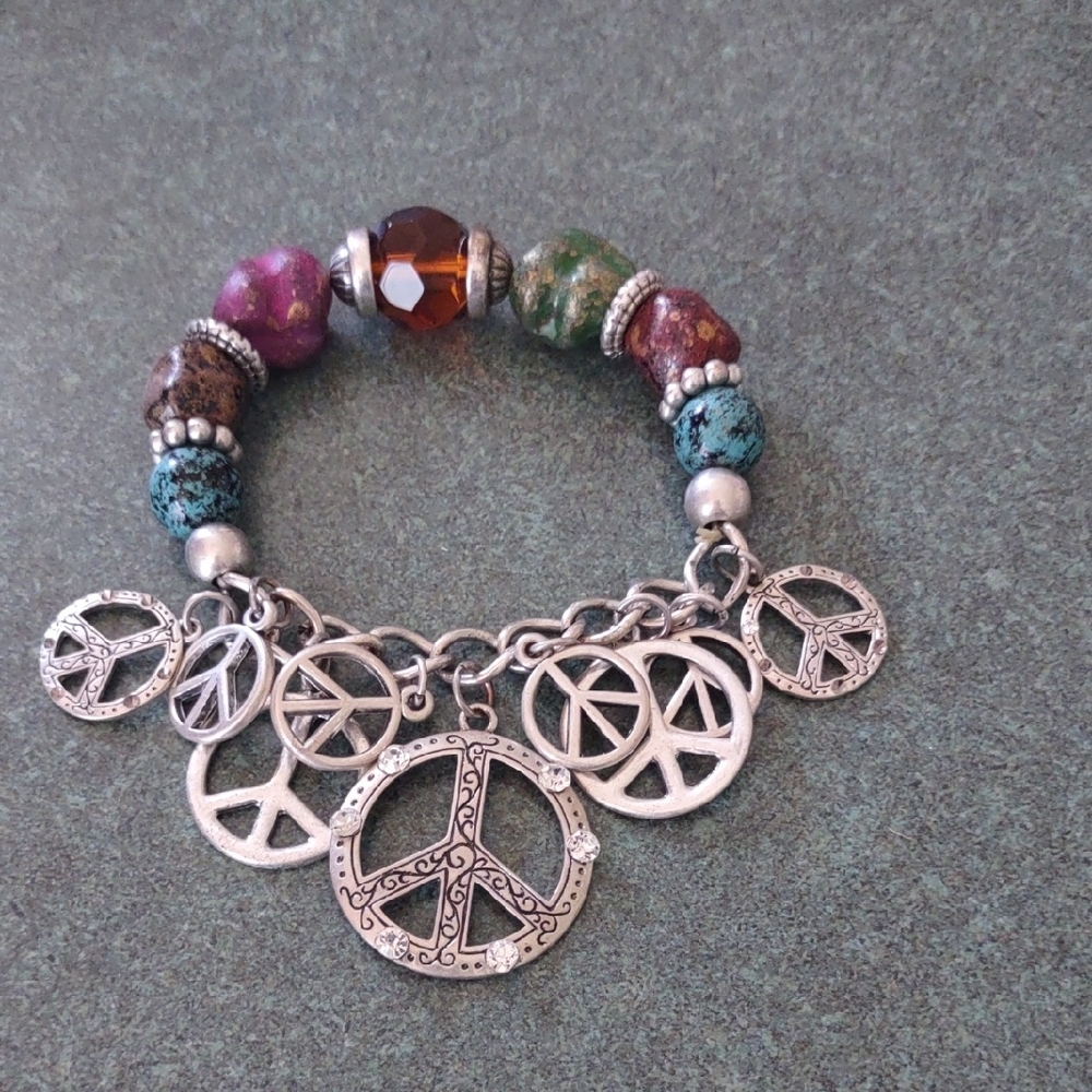 Multicolored Beaded Bracelet with Silver Peace Charms